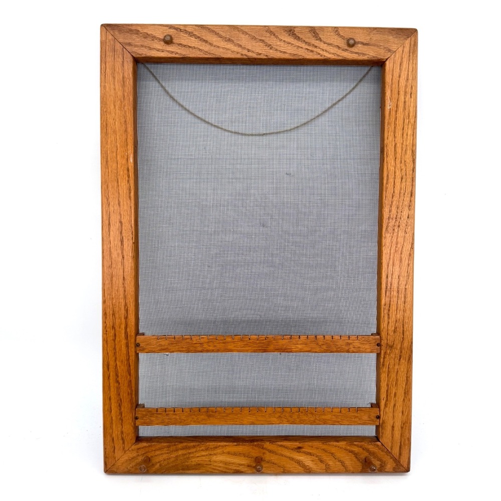 Vintage Oak Wood Wall Hanging Jewelry Organizer Mesh Earring Holder 20x14x1